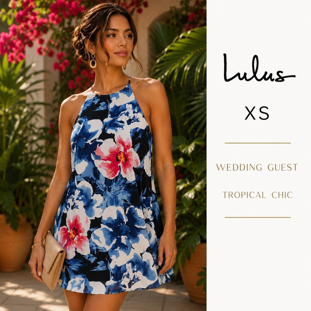 Lulus Floral Halter A-Line Mini Dress Womens XS Blue Swing Summer Wedding Boho